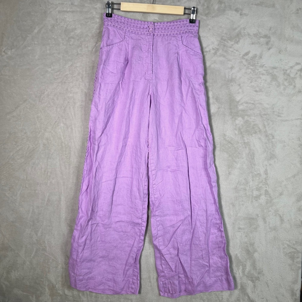 Johnny Was JW Los Angeles Pants Small Purple Wide-Leg Linen Embroidered Waist